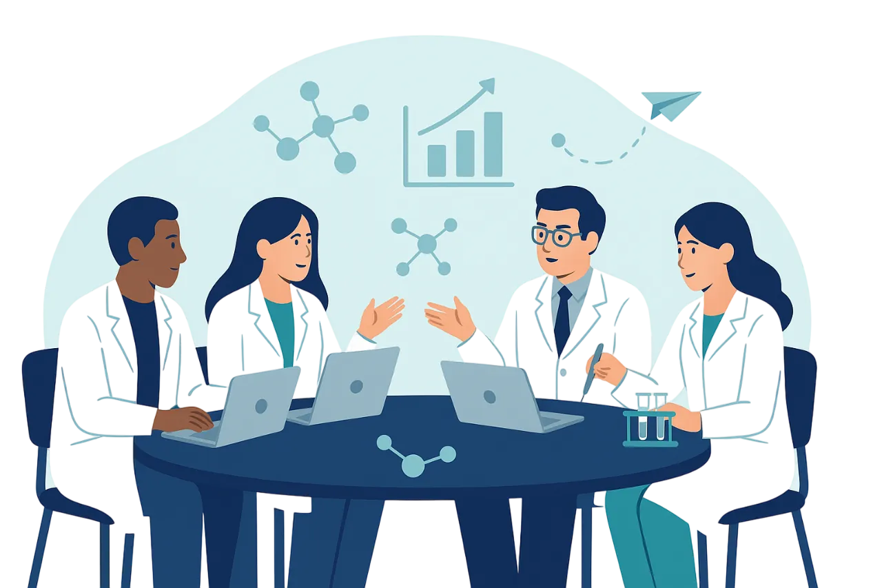 Scientific Meetings of ReTIT-PUB Investigadores debatiendo sentados a una mensa redonda con ordenadores - Reuniones Científicas de ReTIT-PUB